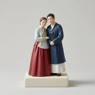 Custom wedding cake topper of a couple in traditional Korean hanbok.