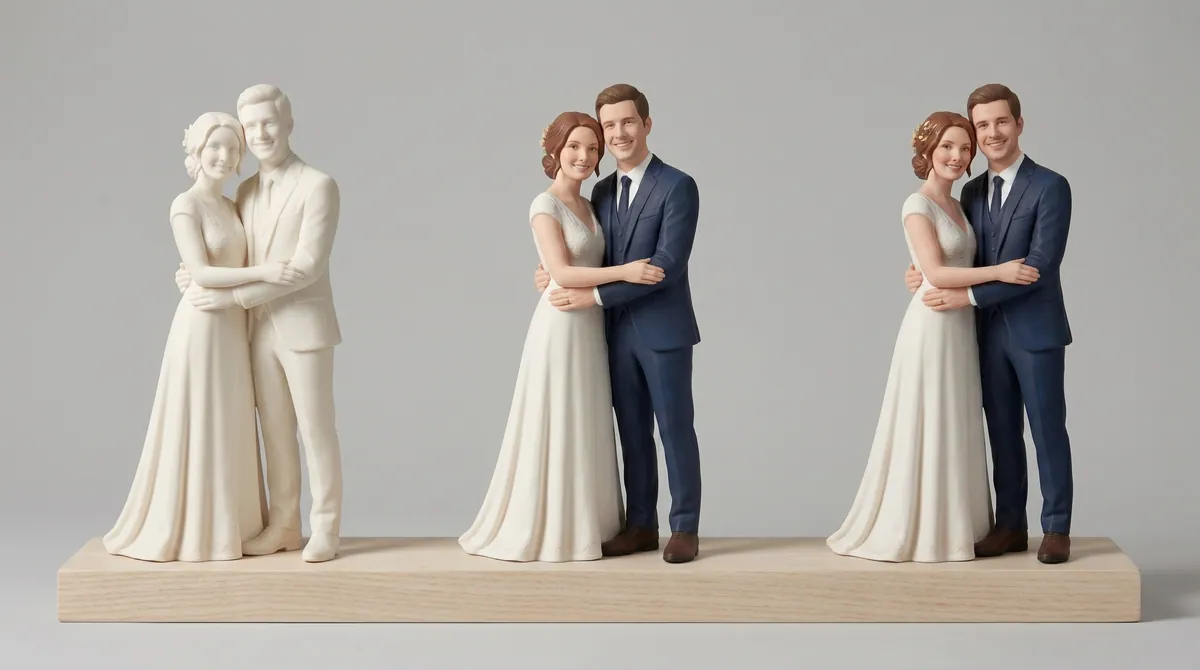Three finishes of the same topper on a tiered cake plate.