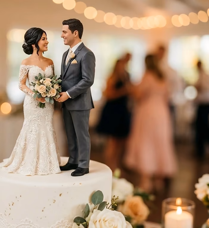 A finished luxury custom cake topper on a wedding cake, warm editorial lighting.